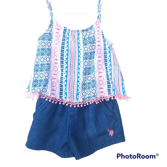 Girls U.S. Polo Assoc Romper-Denim Shorts & Southwest Print Sleeveless Top 3T - Picture 12 of 12